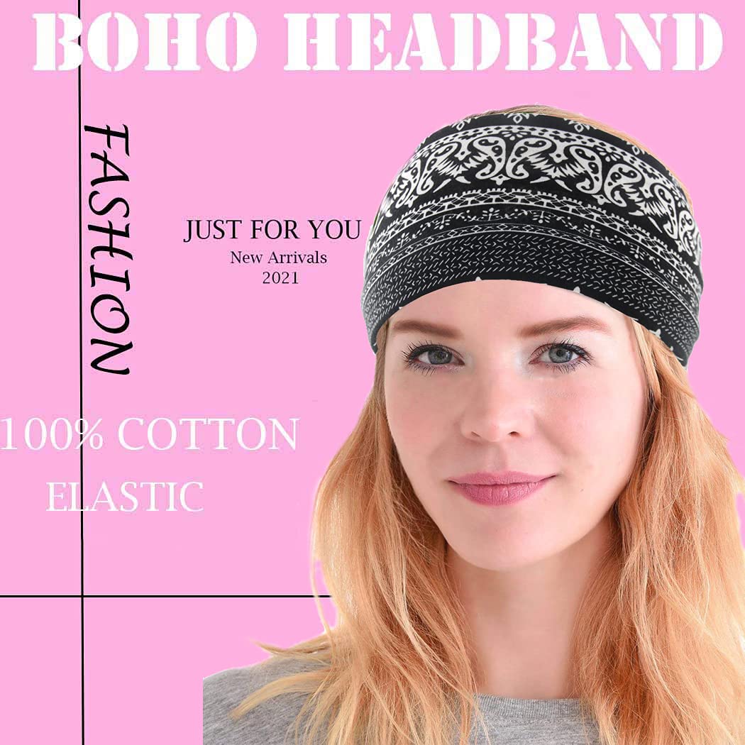 Yeshan Women's Wide Boho Knotted Non-Slip Turban Headwraps - Stretchy Bandeau Hair Bands for Sports, Yoga, Workouts, Pack of 8
