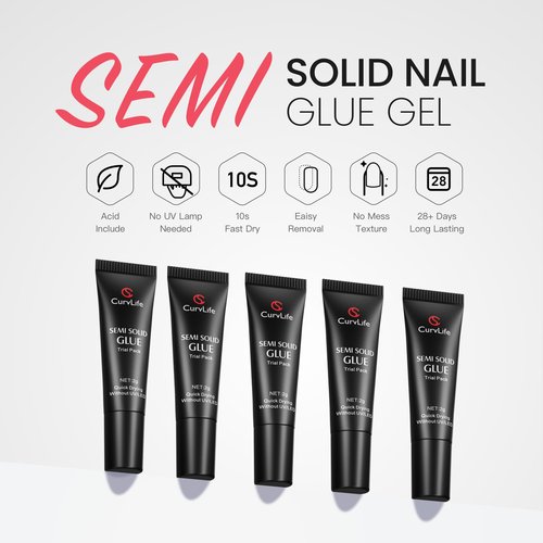 CurvLife Nail Tips Semi Solid Nail Glue 2g (5pcs) - Super Strong, Soft Glue Gel Quick Drying Adhesive for Press On Nails, No UV Light Needed