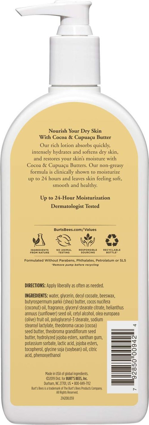 Burts Bees Body Lotion - Nourishing Butter Formula for Dry Skin with Cocoa & Cupuaçu | 12 Oz