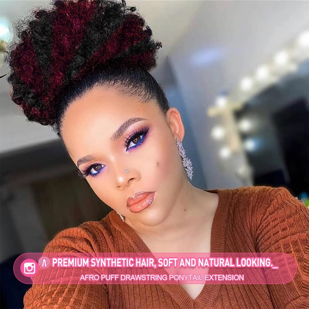 rosmile Afro Puff Drawstring Ponytail Extension for Black Women, Premium Black to Burgundy 80 Gram Short Synthetic Afro Puff Ponytail for Natural Hair, Clip on Kinky Drawstring Curly Ponytail Bun