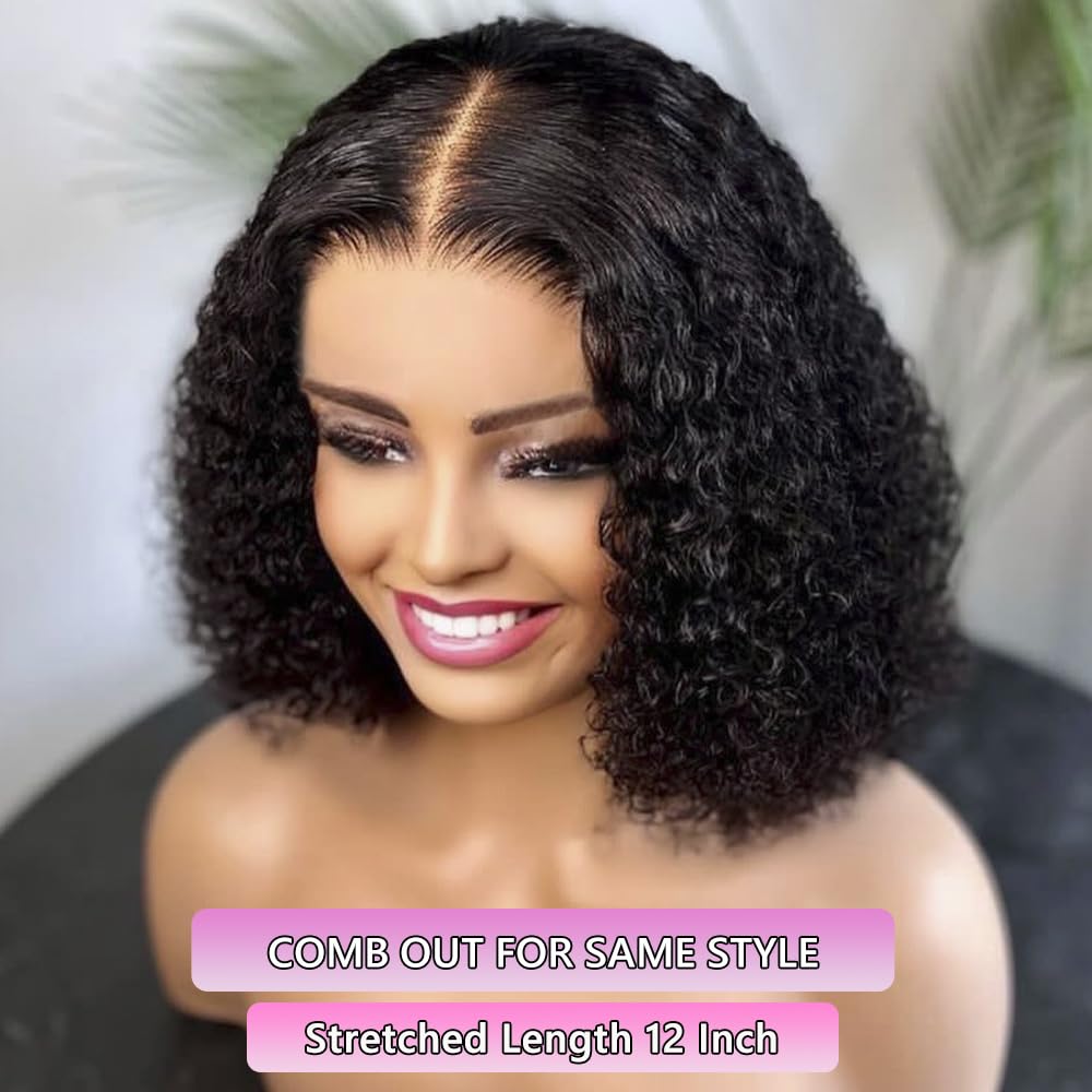 Water Wave Bob Wig Human Hair Glueless Pre Cut Stretched Length 12 Inch Wear and Go Glueless Bob Wigs For Black Women Wet and Wavy Short Bob Cut HD Lace Closure Wig 4x4 180% Density Middle Part Black