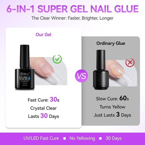 Gelike EC Gel Nail Glue - 6 in 1 Strong UV Nail Adhesive for Press Ons & Acrylics | Long Lasting 28 Days Hold