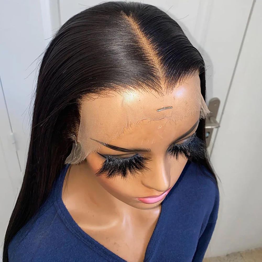 ANDRIA 13x4 HD Lace Front Wigs 32 Inches Straight Hair Glueless Lace Wigs Synthetic Long Silk Straight Natural Wig Heat Resistant Fiber Natural Black Hairs Wig With Baby Hair For Black Women