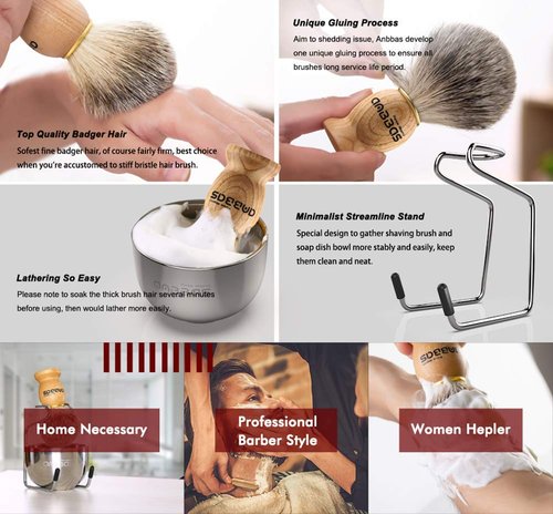 Anbbas Badger Hair Shaving Brush with Wooden Handle Stainless Steel Shaving Stand and Shaving Soap Bowl for Men Wet Shave
