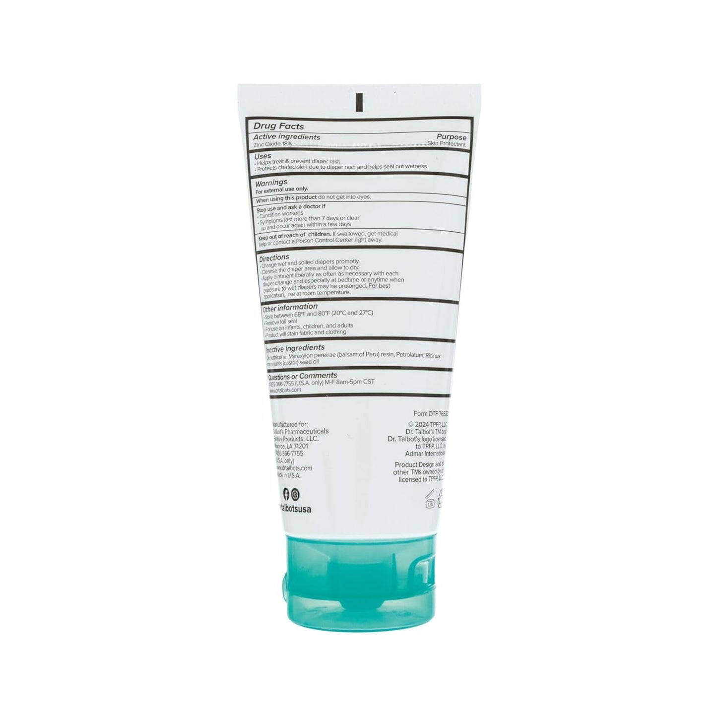 Dr. Talbot's Diaper Rash Ointment - 2 oz Zinc Oxide Skin Protectant with Peruvian Balsam - Soothes & Prevents Rash