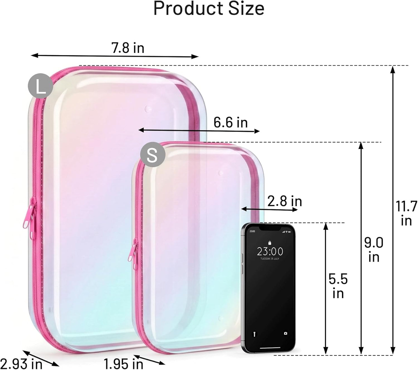 Skiennix Clear Hard Shell Zipper Case - Iridescent Makeup & Toiletry Bag Set | 2pcs Large Capacity, Water-Resistant