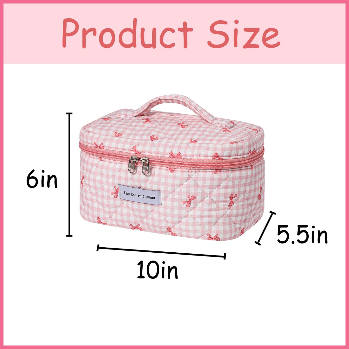 uekeboag Large Travel Quilted Makeup Bag for Women, Floral Cotton Cosmetic Bag, Coquette Aesthetic Floral Toiletry Organizer Bag(11Checker Pink Bow