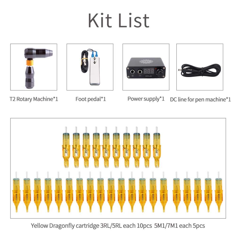 Professional Tattoo “T” Pen Tattoo Kit Rotary Machine with 30pcs Tattoo Cartridge Needles Tattoo Pedal Tattoo LCD Power For Tattoo Supply (BLACK)