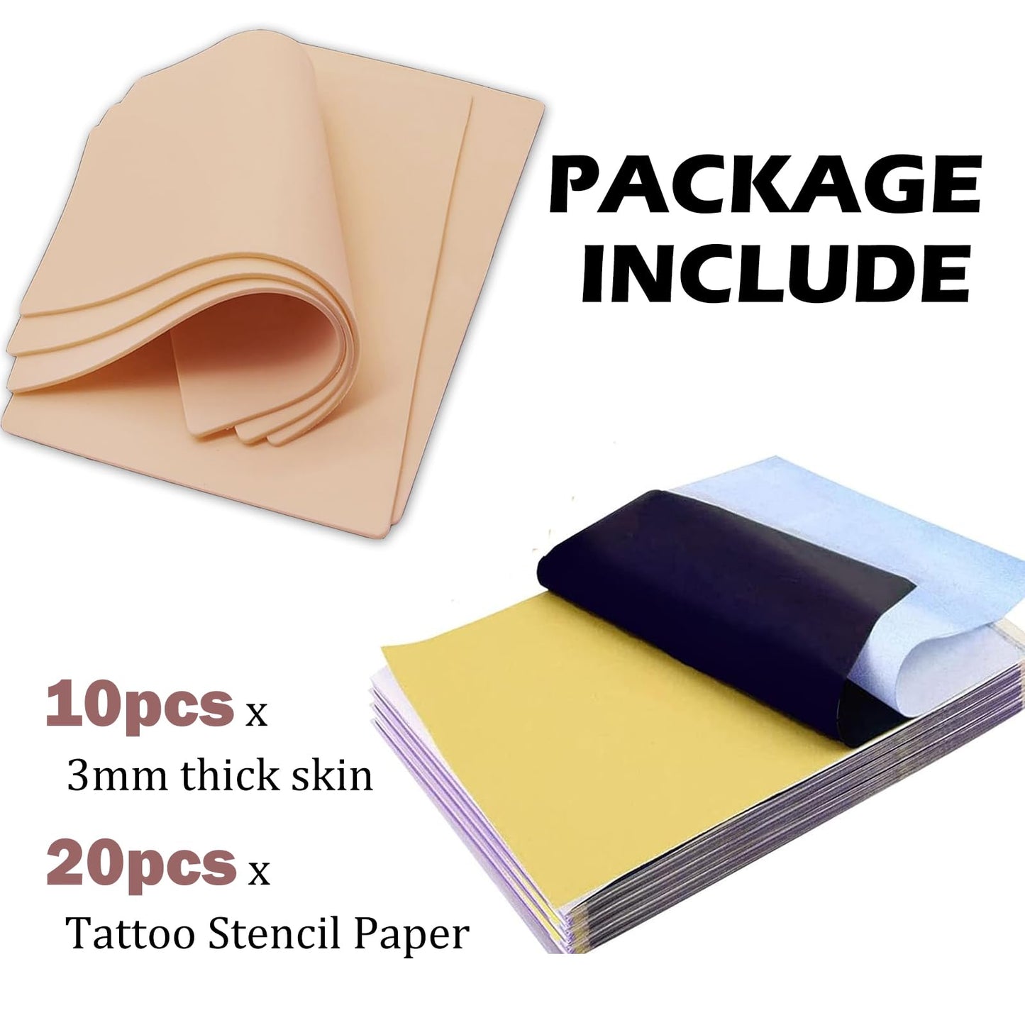 30Pcs Tattoo Skin 3MM with Transfer Paper Kit- Urknall 10pcs Fake Skin with 20pcs Stencil Paper Blank Practice Skin for Tattooing Double Sides Fake Skin for Beginners and Artists Tattoo Supplies