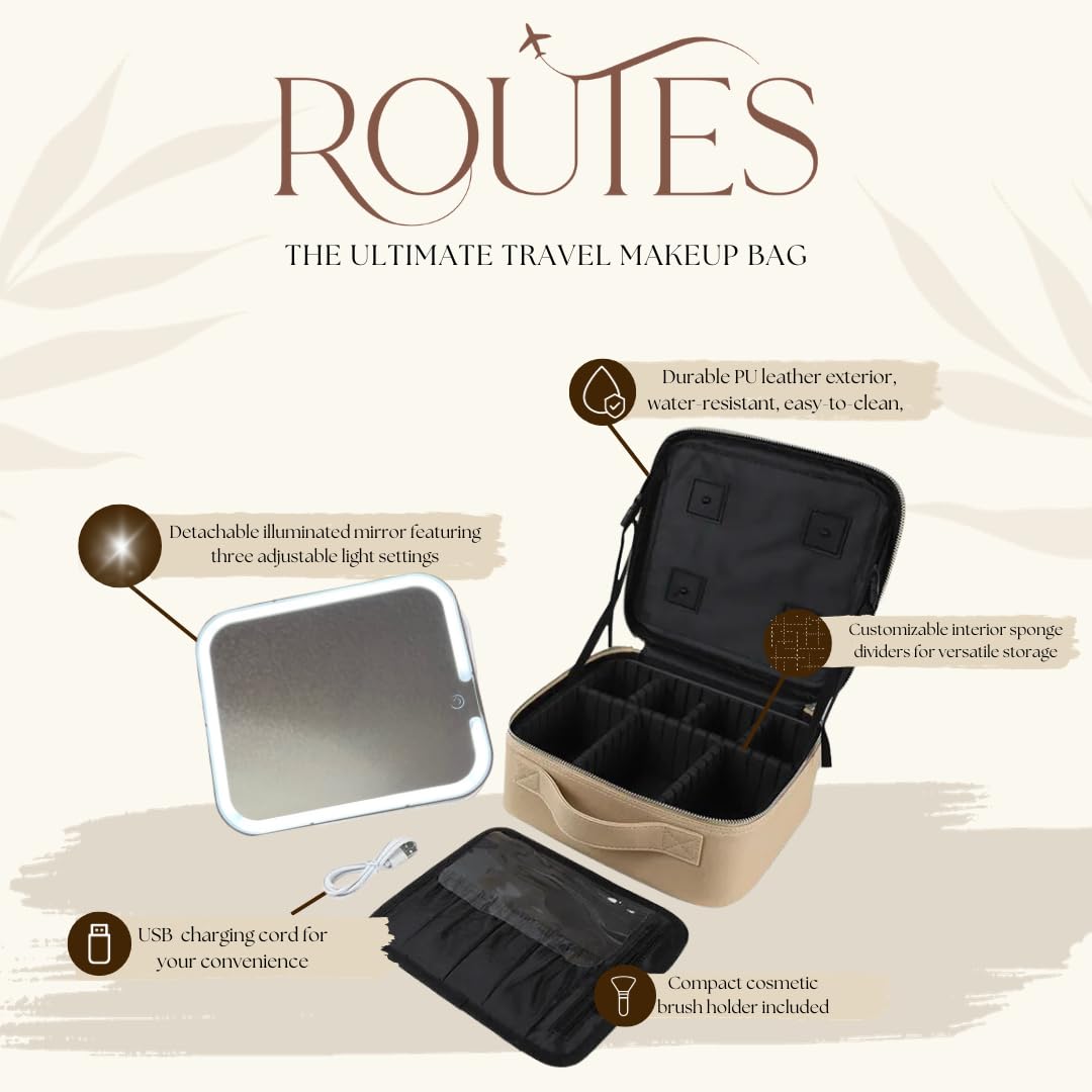 Travel Makeup bag with removable lighted mirror, Professional vanity light up station, Portable cosmetic case with adjustable compartments organizer, waterproof traveling accessories, Tan train case
