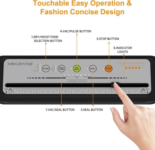 MEGAWISE Vacuum Sealer Machine - 2025 Model with 80kPa Suction Power & Built-in Cutter | Compact Design (Grey)