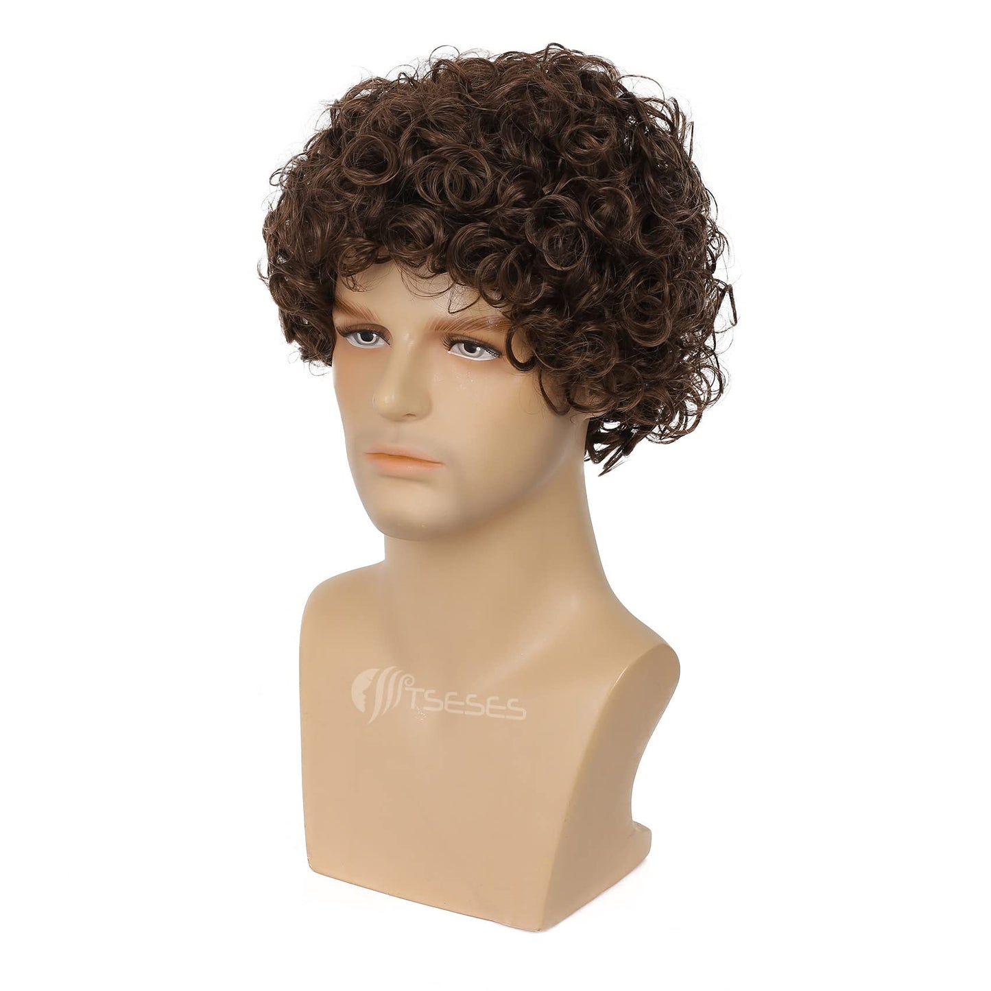 Tseses Brown Curly Short Afro Wig for Male Guy California Mens Cosplay Costume Daily Hair Synthetic Heat Resistant Mens Full Wigs
