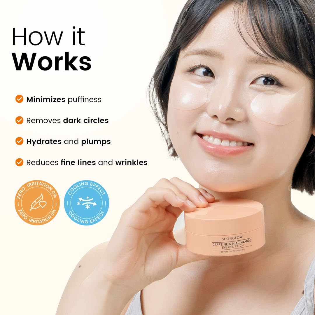 Skiennix Caffeine Under Eye Patches - 30 Pairs Korean Hydrogel Masks for Dark Circles & Puffiness Relief
