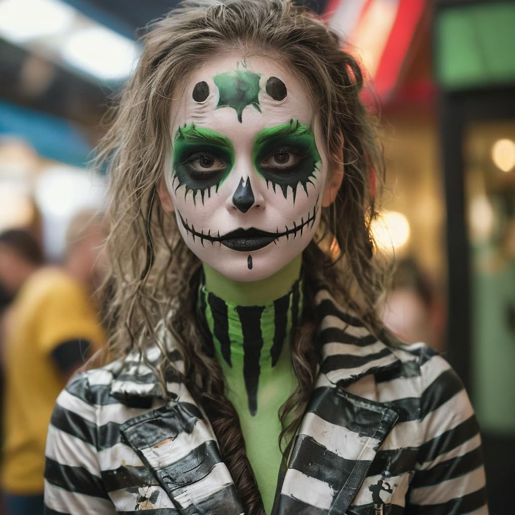 MEICOLY 7Pcs Black White Green Face Body Paint Stick Set with Setting Powder and Sponges,Clown Black White Face Paint,Green Body Paint for Halloween SFX Cosplay Makeup,Waterproof