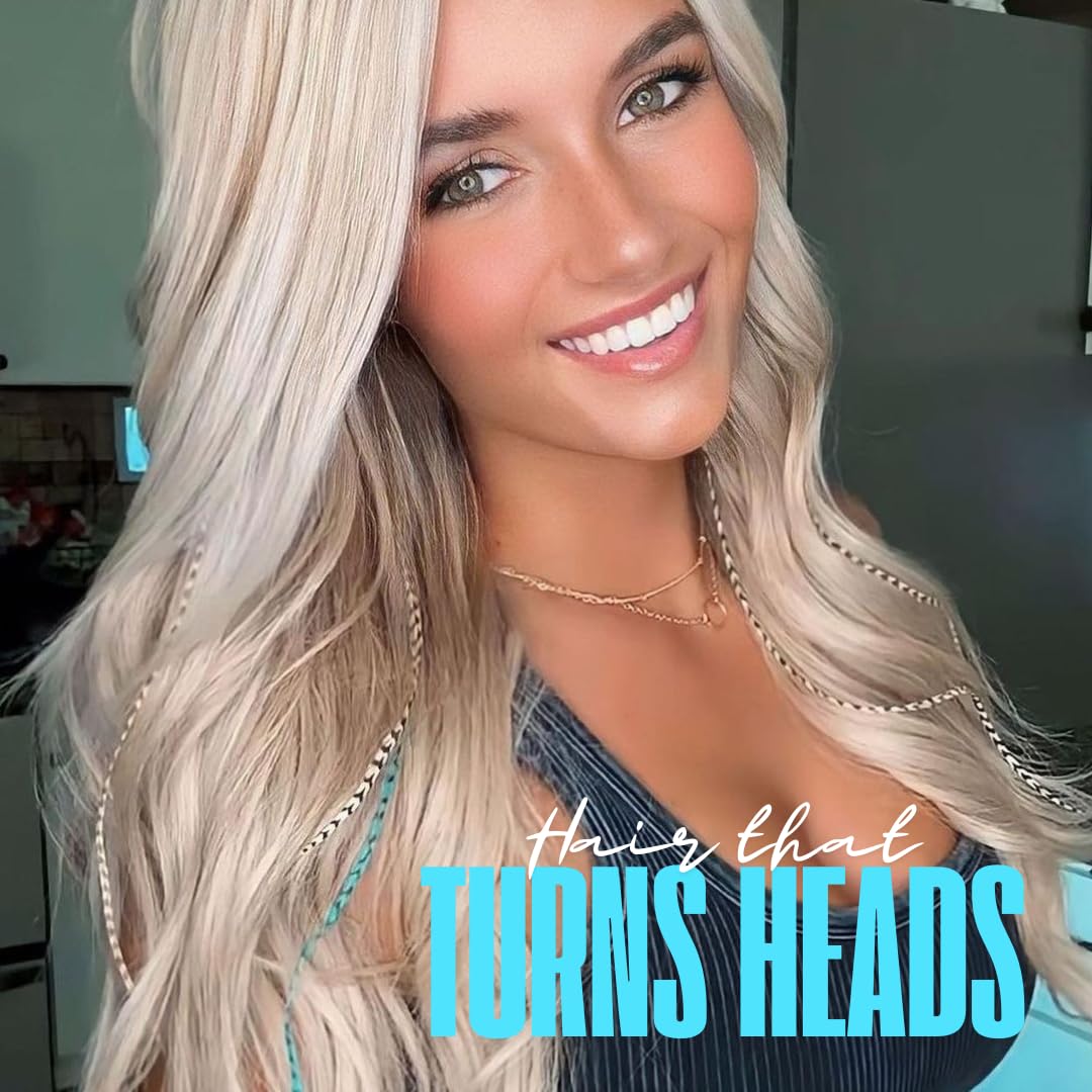 Feather Hair Extensions Kit, Contains Real Rooster Feathers, Loop Tool, Microlink Beads, and Small Pliers- Long Natural Colors with Turquoise Accessories