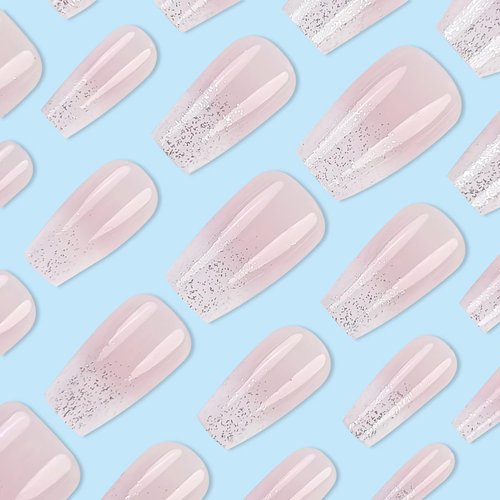 24pcs French Tip Press on Nails Short Square Pink Fake Nails with Glitter Design Glue on Nails Gradient False Nails Supplies Full Cover Glossy Acrylic Nails for Women Girl