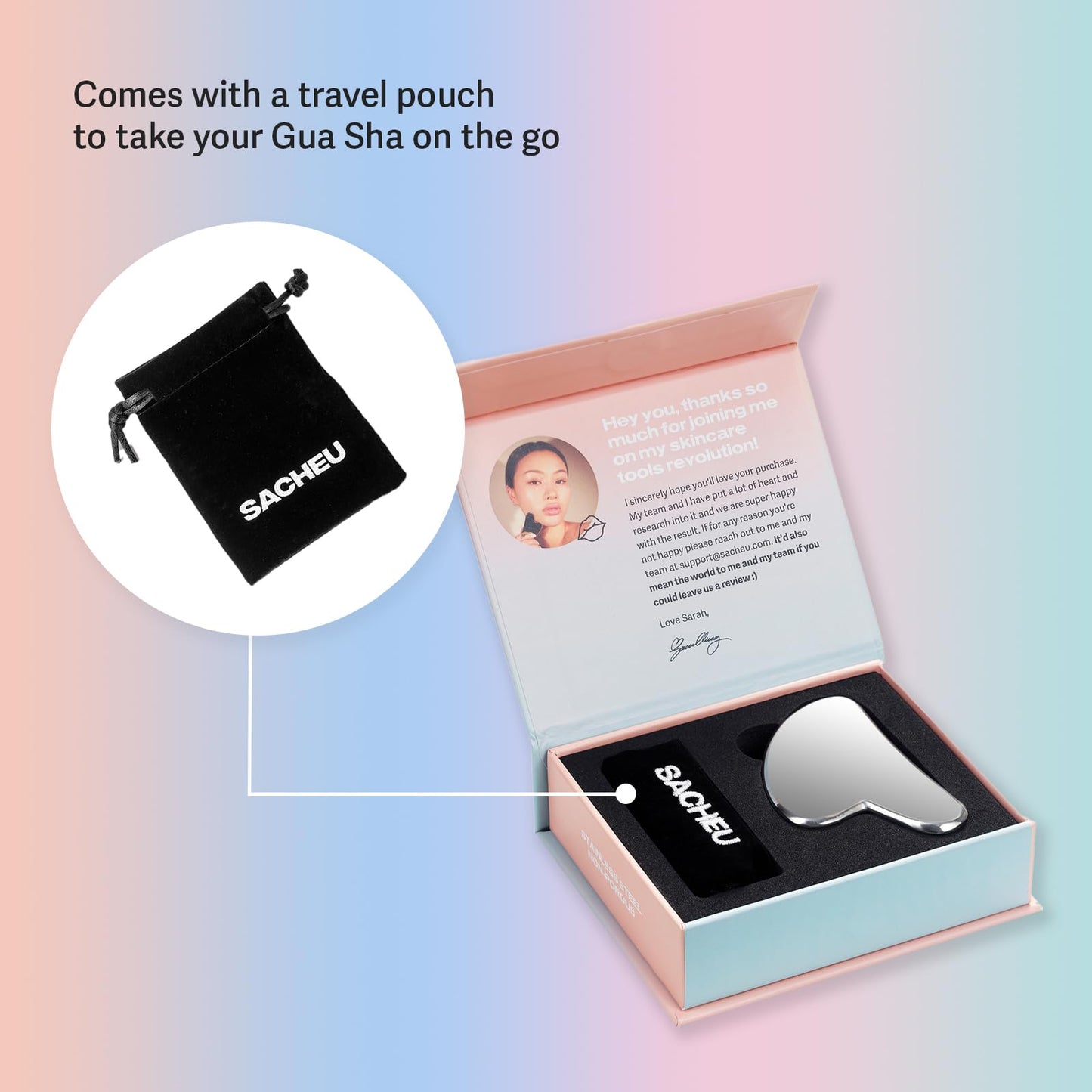 Sacheu Gua Sha Facial Tools Stainless Steel Muscle Scraper. Face Gua Sha for Enhanced Lymphatic Drainage, Reduced Puffiness and Relieved Facial Tension. Metal Face Sculpting Tool with Travel Pouch