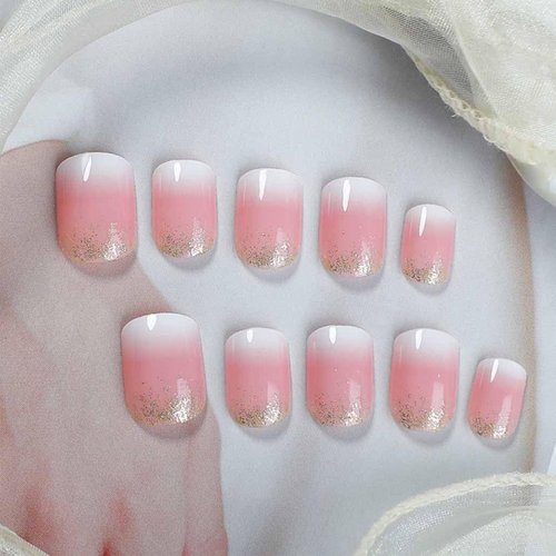 Foccna Square Ombre Press on Nails -Soft Gel Press on Nails Short Pink Fake Nails Square Bling Glossy False Nail Tips Artificial Nails for Women and Girls,24pcs