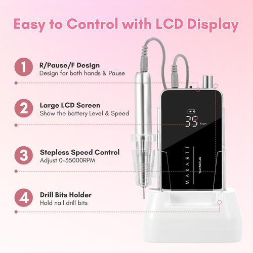Makartt Nail Drill Professional, 35,000RPM Electric Nail File for Acrylic & Gel Removal, 60W Brushless Coreless Motor, 2-in-1 Desktop & Portable, LCD Display, Rechargeable, Quiet, F&R, Nouvella Black