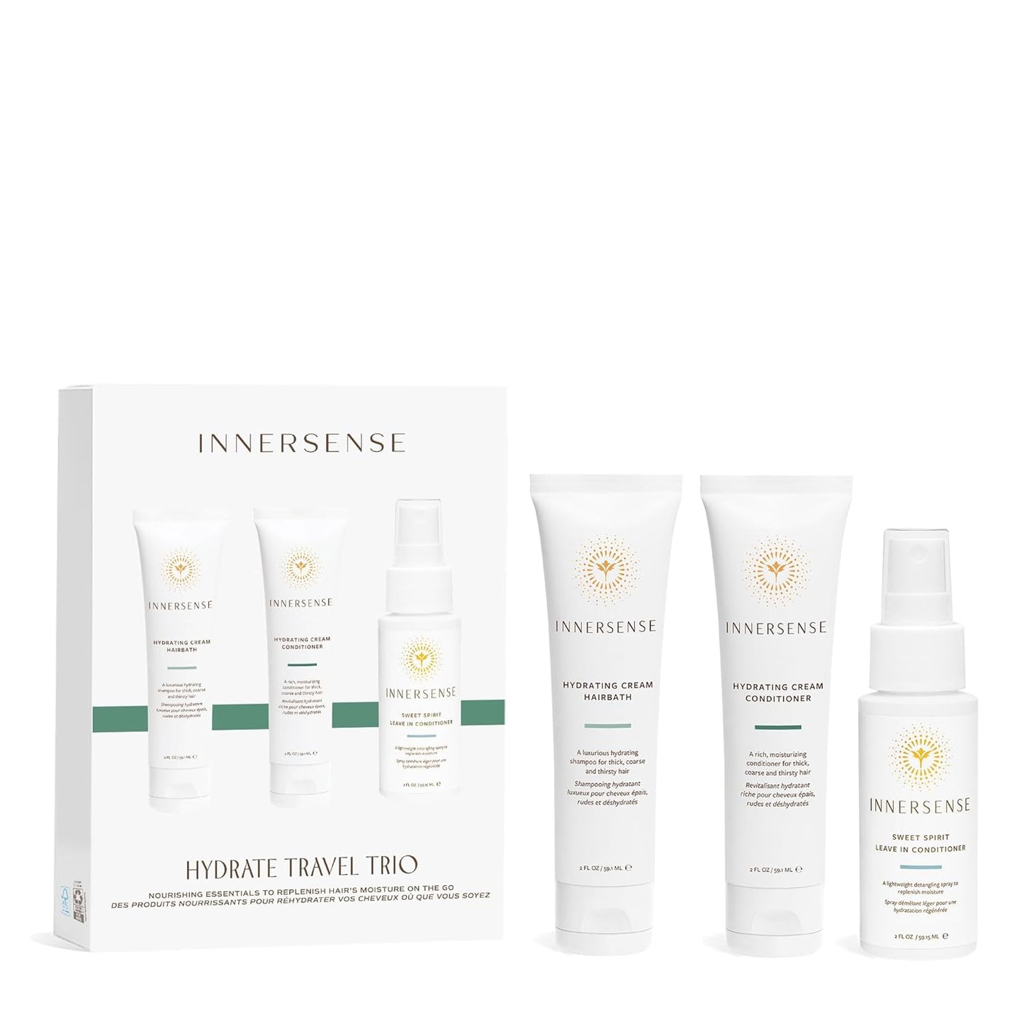 Innersense Organic Beauty - Pure Harmony Travel Hair Trio | Non-Toxic, Cruelty-Free, Clean Haircare (Pure Harmony Hairbath + Conditioner, Sweet Spirit Leave-In Conditioner) PACKAGING MAY VARY
