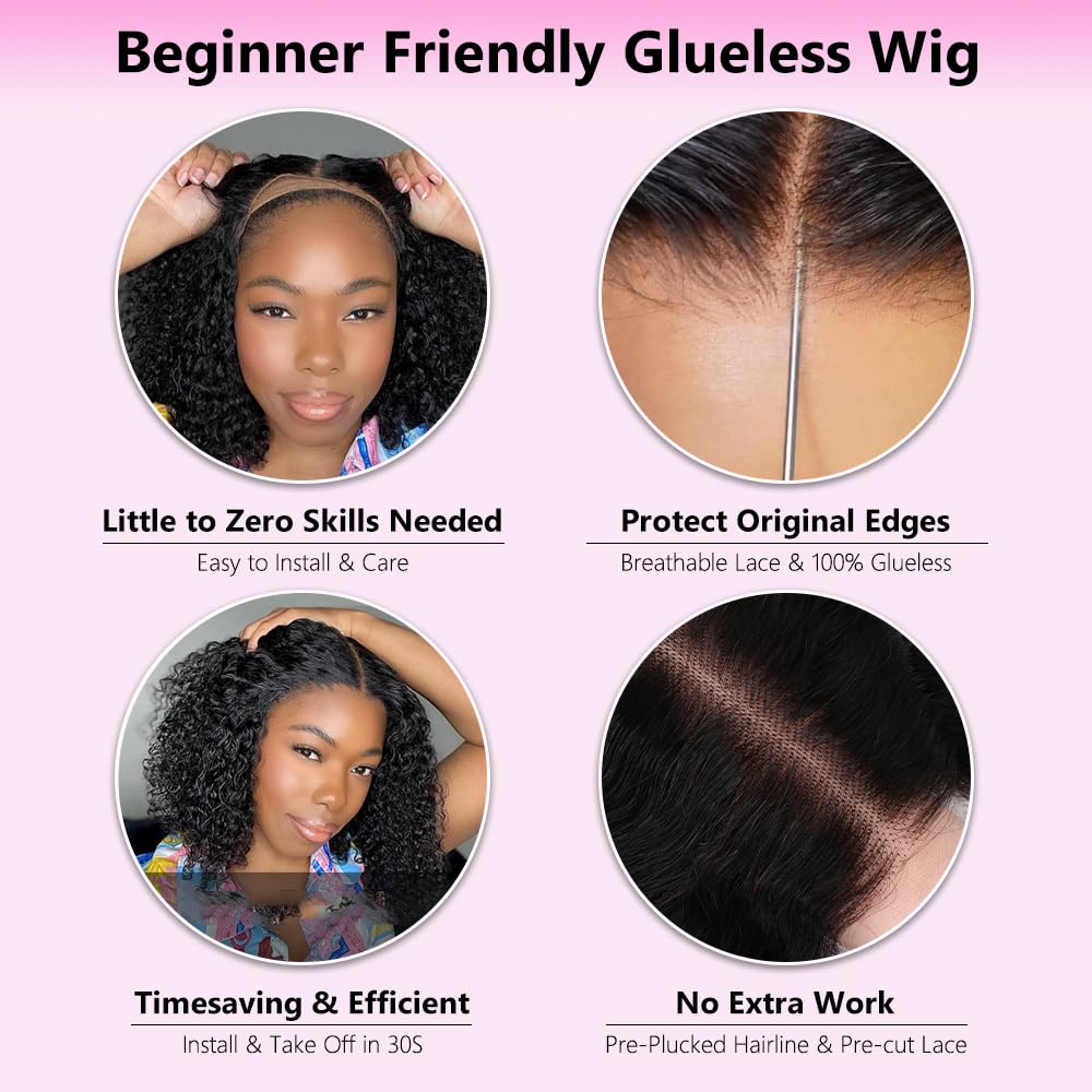 Water Wave Bob Wig Human Hair Glueless Pre Cut Stretched Length 12 Inch Wear and Go Glueless Bob Wigs For Black Women Wet and Wavy Short Bob Cut HD Lace Closure Wig 4x4 180% Density Middle Part Black
