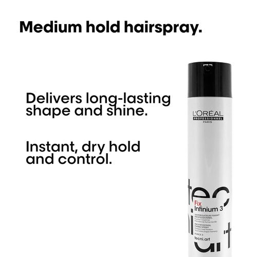 L'Oréal Professionnel Paris Fix Infinium 3 Hairspray - Medium Hold for Lasting Shape & Shine, Reduces Frizz