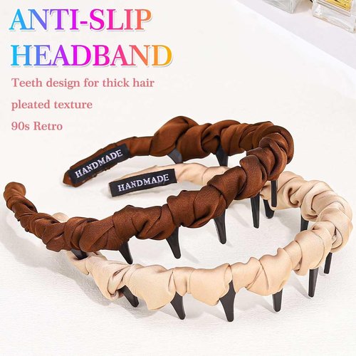 DANKORIER Non Slip Brown Headbands with Comb Pleated Hair Bands for Women 2 Pack (Beige)