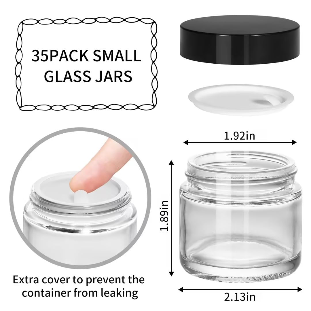 KEYWING 2oz Small Glass Jars with Black Lids, 35 Pack Clear Round Glass Cosmetic Jars with Inner Liners for Lotions, Powders and Ointments