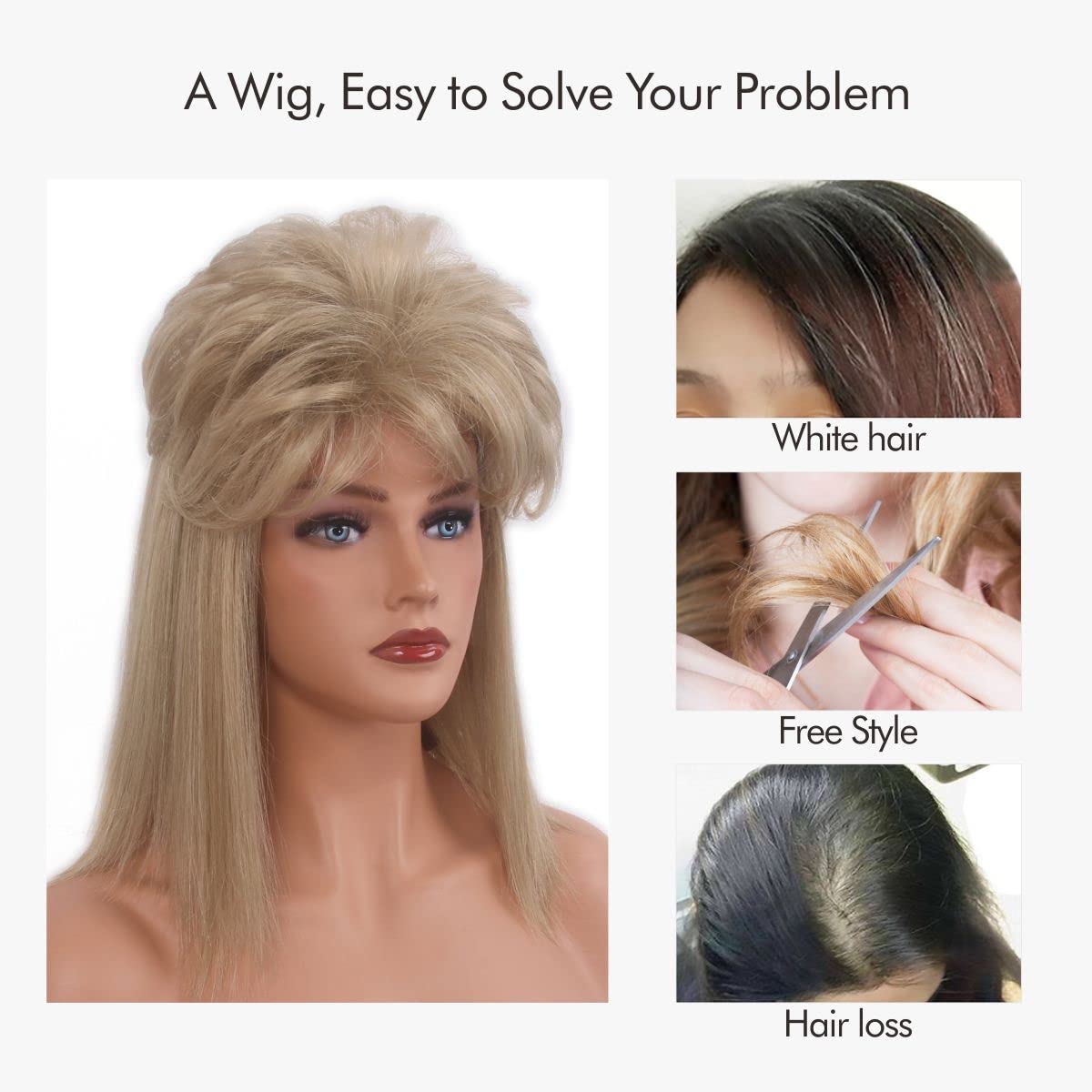 MEDISIFA 80s Blonde Wig with Bangs for Women Mullet Disco Mens Womens Wig Long Curly Women Wigs for Man Lady Ladies Hippie Rocking 80s 90sThem Party Cosplay Costume Heat Resistant Hair (Medium)