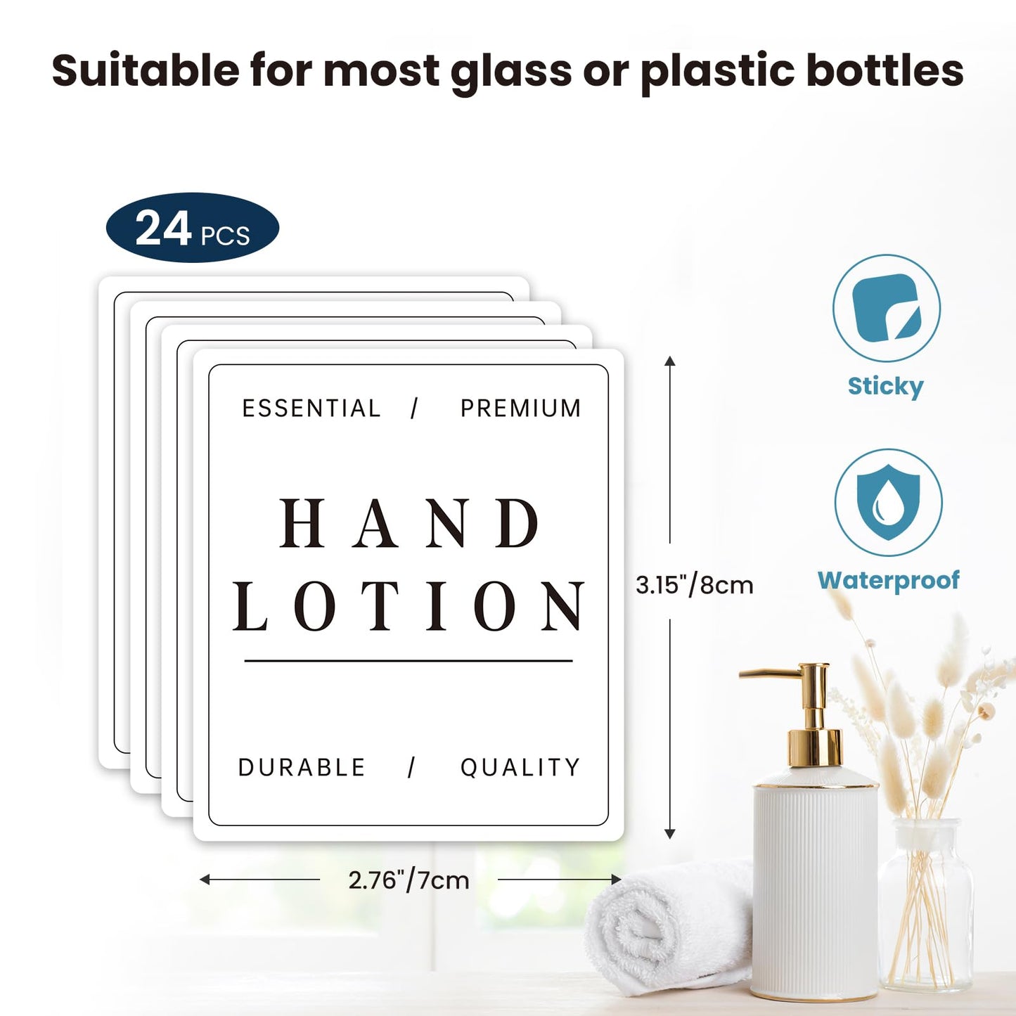 Liba Waterproof Bottle Labels 24 PCS, Shampoo, Bathroom Soap and Conditioner Dispenser Label Stickers, Suitable for Glass/Plastic Spray Bottles(White)