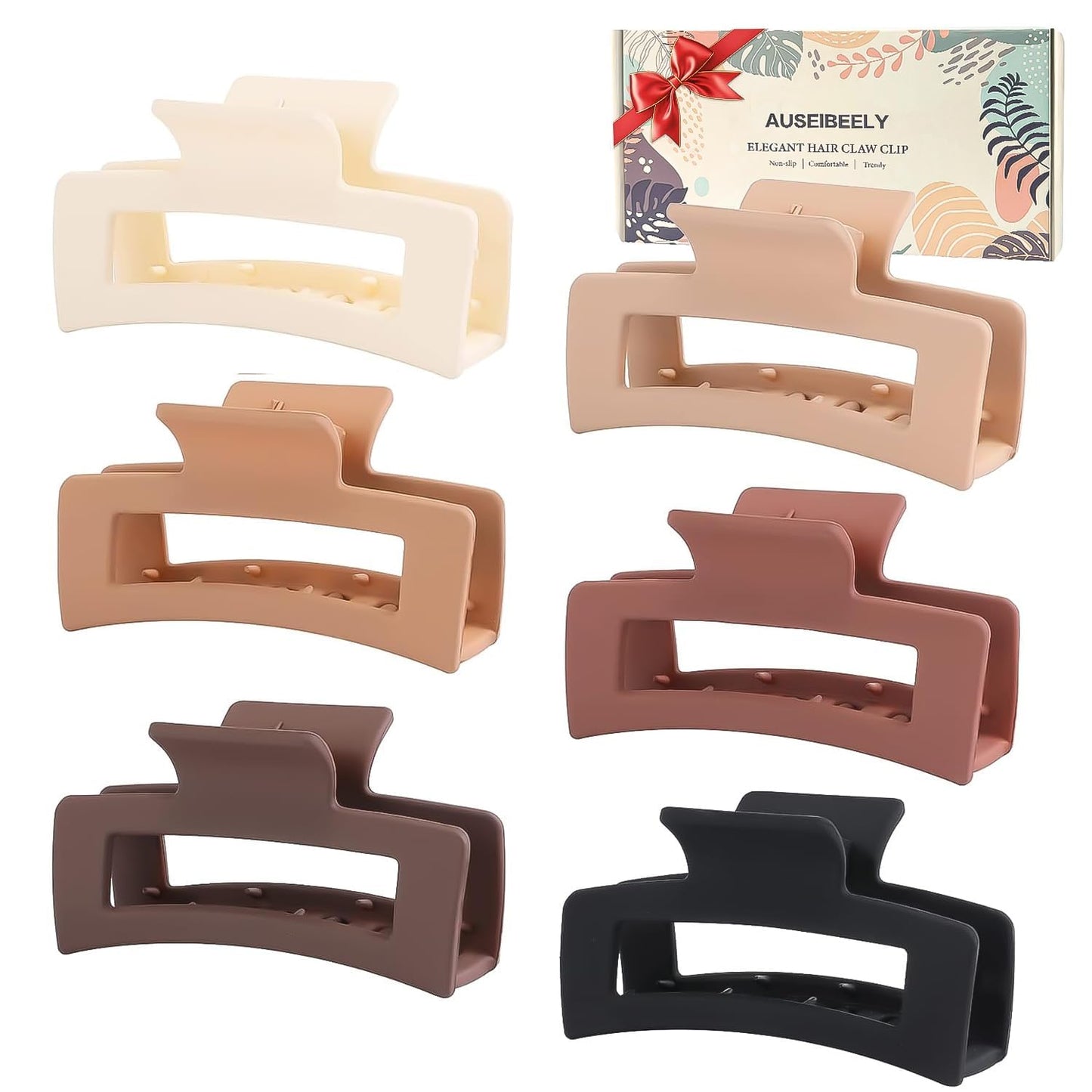 6 Pack Square Claw for Women Girls, 3.5" Medium Non-slip Rectangular Matte Clips Strong Hold Jumbo Hair Styling Accessories, Cool