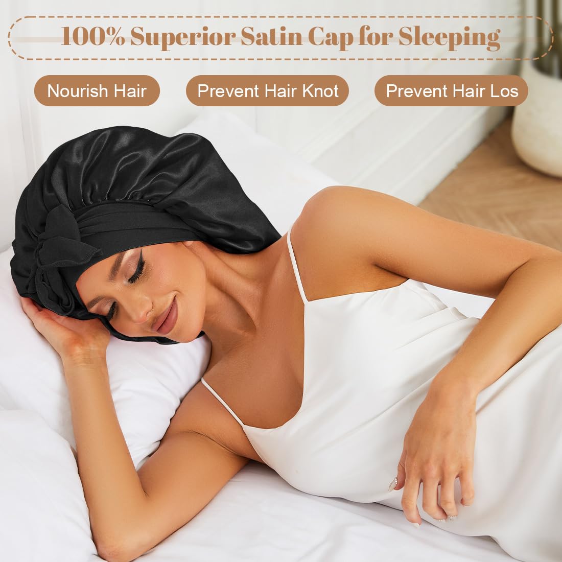 KEPUWAY 10 PCS Bonnet, Satin Sleep Bonnet for Women with Wide Elastic Tie Band, Large Capacity Hair Bonnets for Sleeping, Large Satin Bonnet for Sleeping (Black)