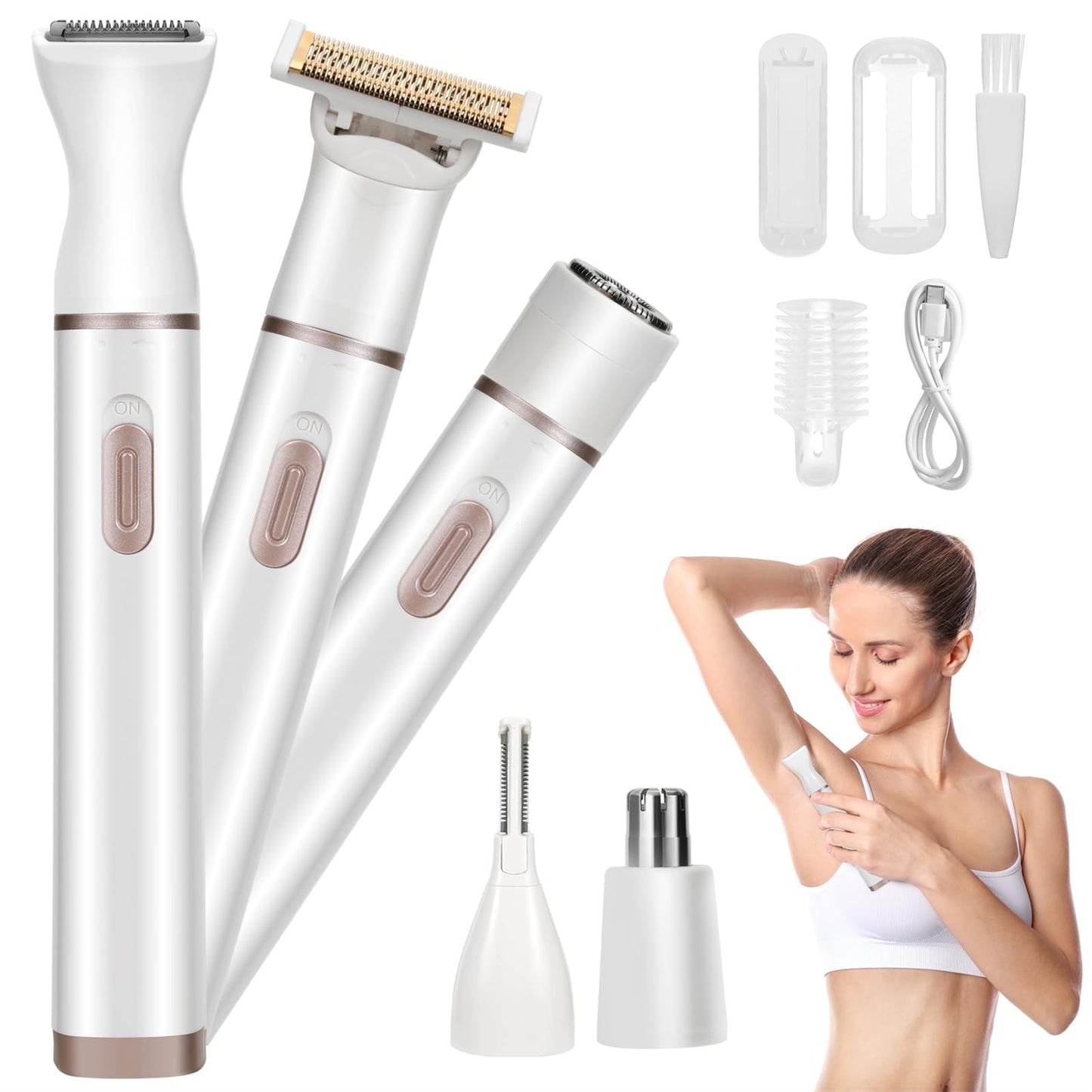 Founouly 5 in 1 Electric Women Bikini Trimmer, Waterproof Wet and Dry Uses Replaceable Ceramic Blade Heads USB Rechargeable Body Safety Clipper,White