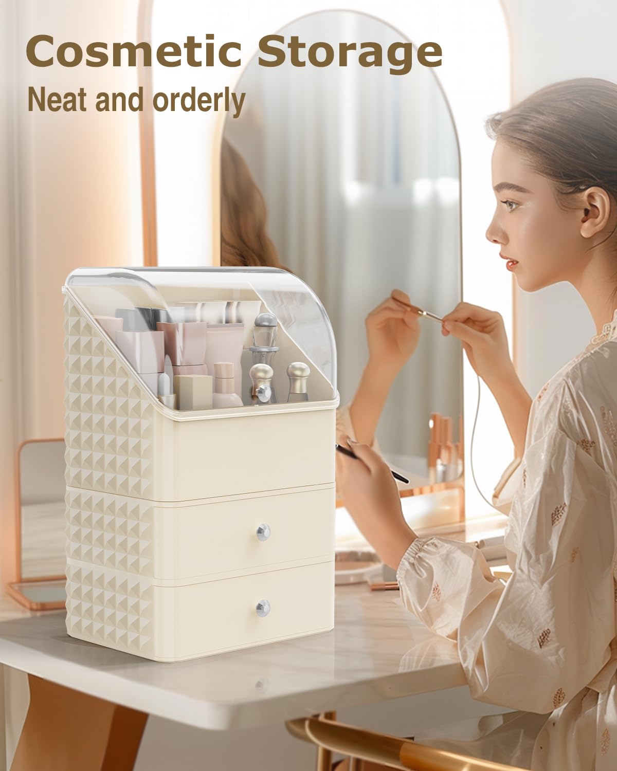 Soimeat Makeup Organizer Countertop, Stackable Cosmetics Organizer and Storage, Makeup Organizer Case with Dustproof Lid and Waterproof, Perfect for Bathroom Vanity, Cream, 3 Layers