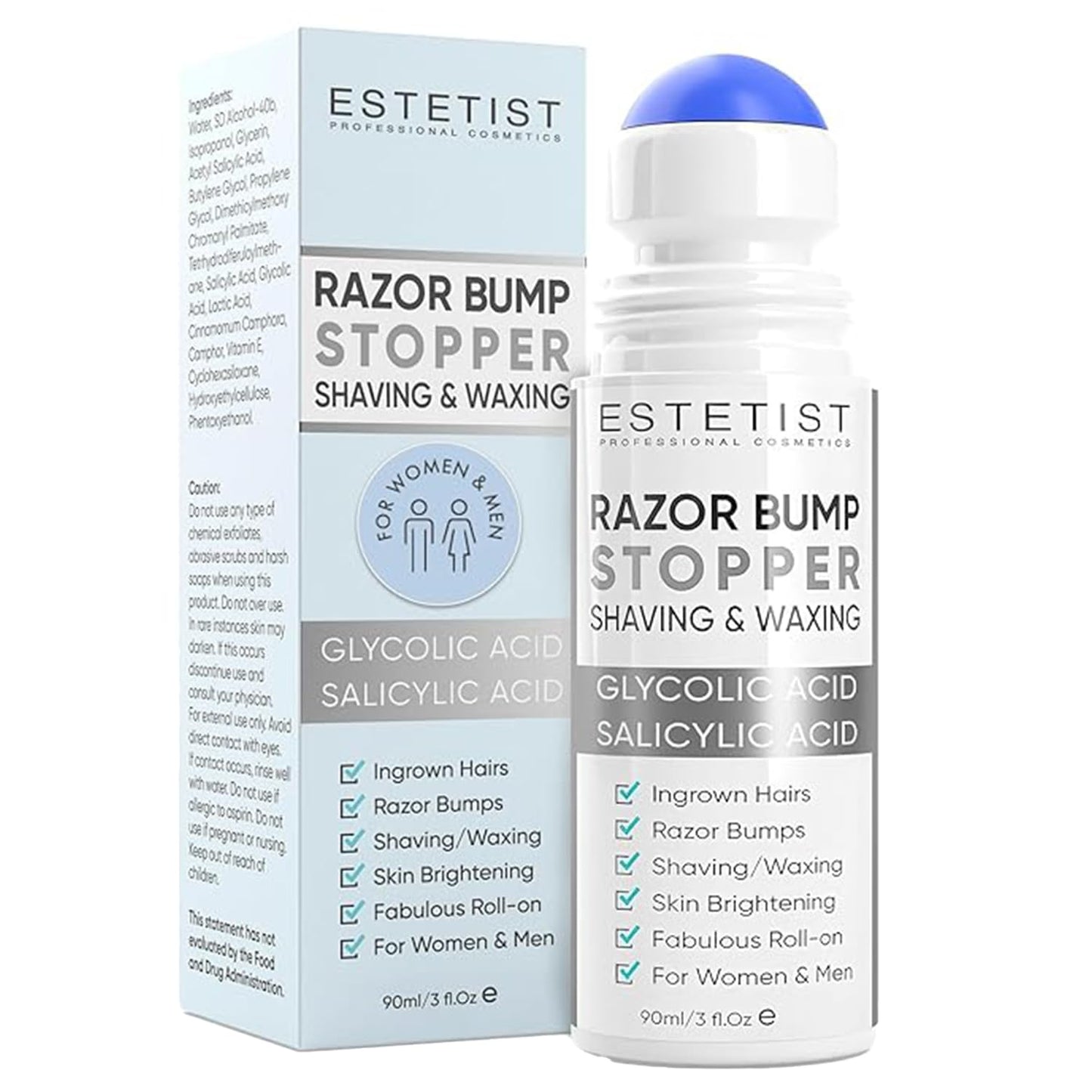 Razor Bump Stopper Solution for Ingrown Hair Skin Care Treatment for Face, Neck, Bikini Area, Legs and Underarm Area After Shave Serum Roll-On for Men and Women With Salicylic Acid, Glycolic Acid