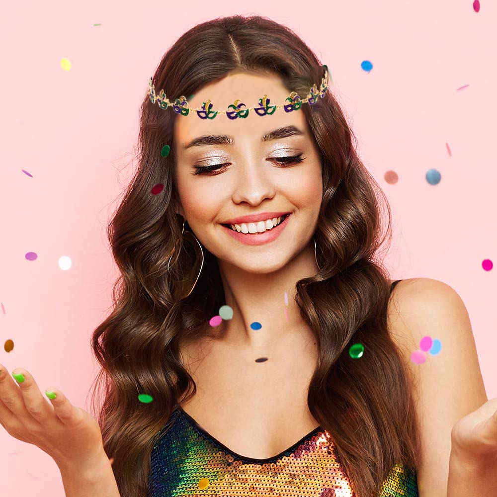 HZEYN Mardi Gras Headband Glitter Crown Mask Fleur De Lis Stretch Headbands Hair Band Party Costume Headwear Hair Accessories (Feather Mask)