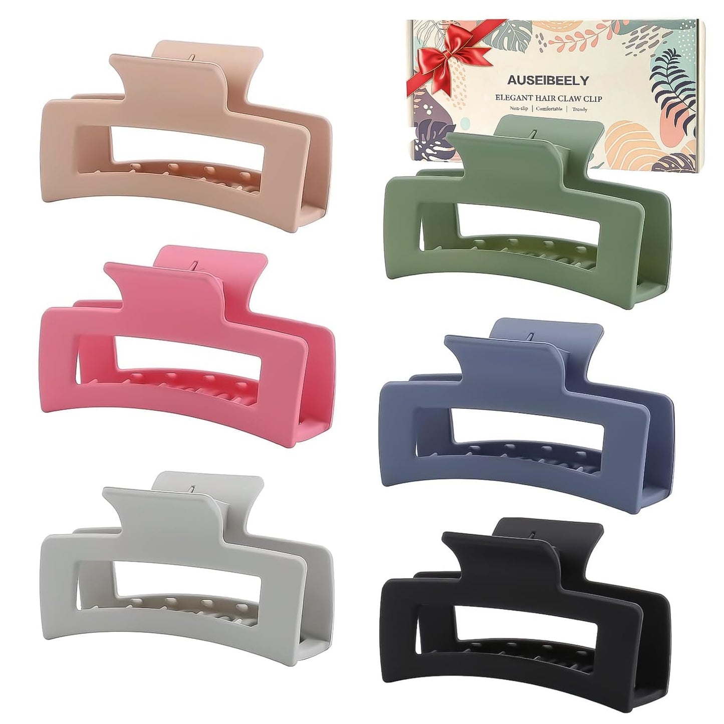 6 Pack Square Claw for Women Girls, 3.5" Medium Non-slip Rectangular Matte Clips Strong Hold Jumbo Hair Styling Accessories, Cool