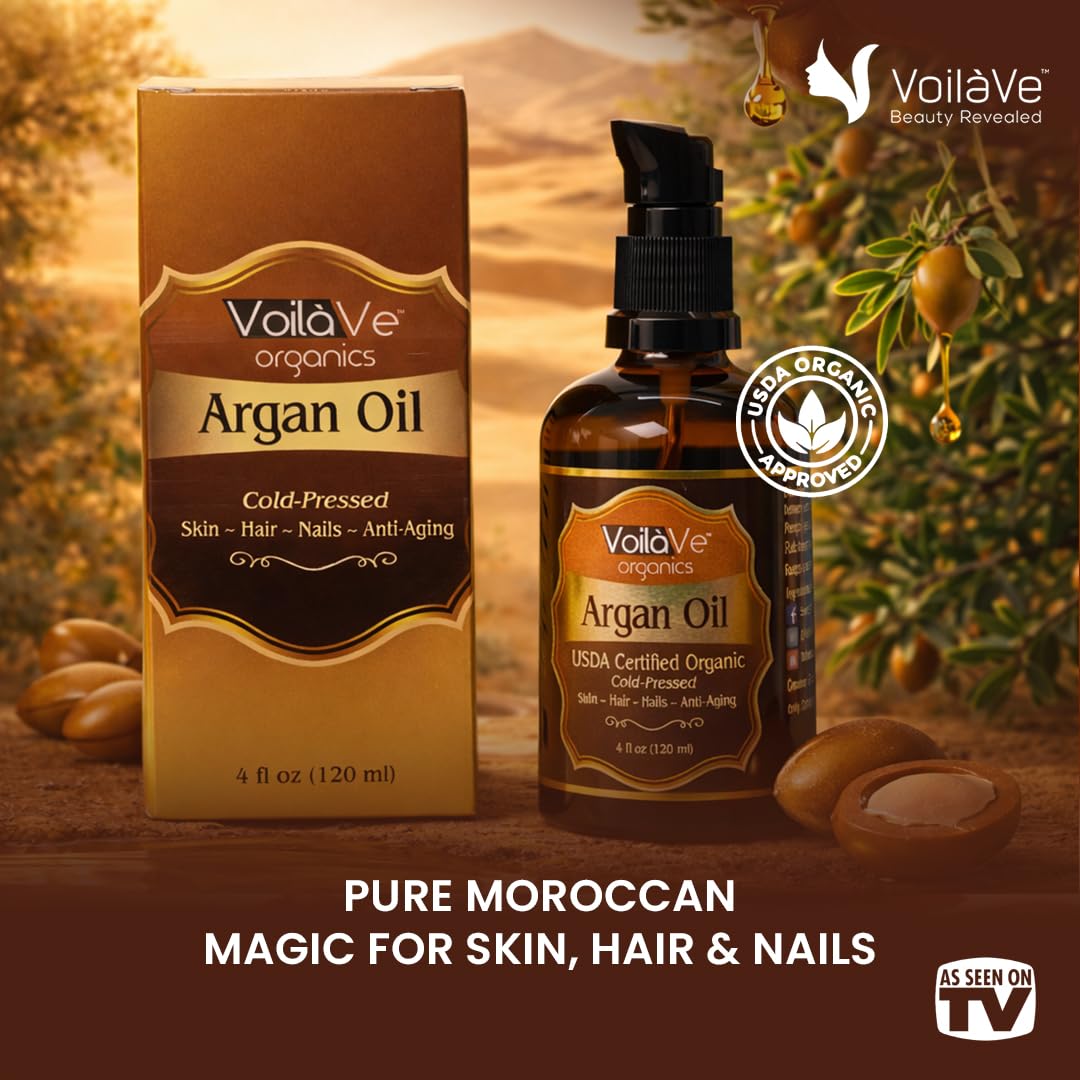 VoilaVe Organic Moroccan Argan Oil - Anti-Aging Face Moisturizer & Hair Growth | 4 fl oz, Cold Pressed, Rich in Vitamin E
