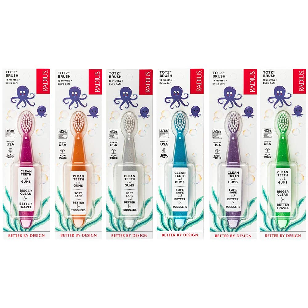 RADIUS Totz Toothbrush Extra Soft Brush BPA Free & ADA Accepted Designed for Delicate Teeth & Gums for Children 18 Months & Up - Assorted - Pack of 6