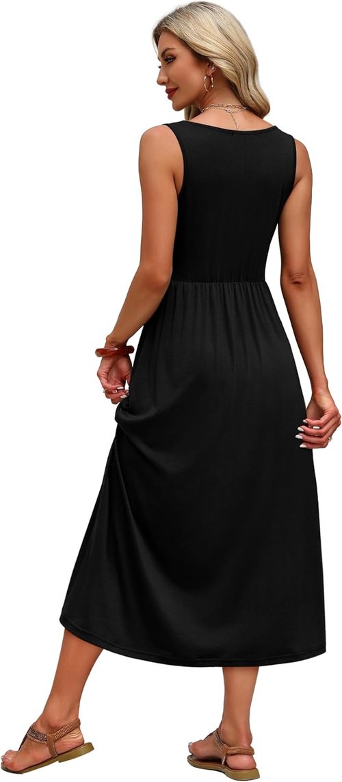 OFEEFAN Summer Dresses - Flowy Casual Midi Dress with V Neck & Pockets for Beach Vacations