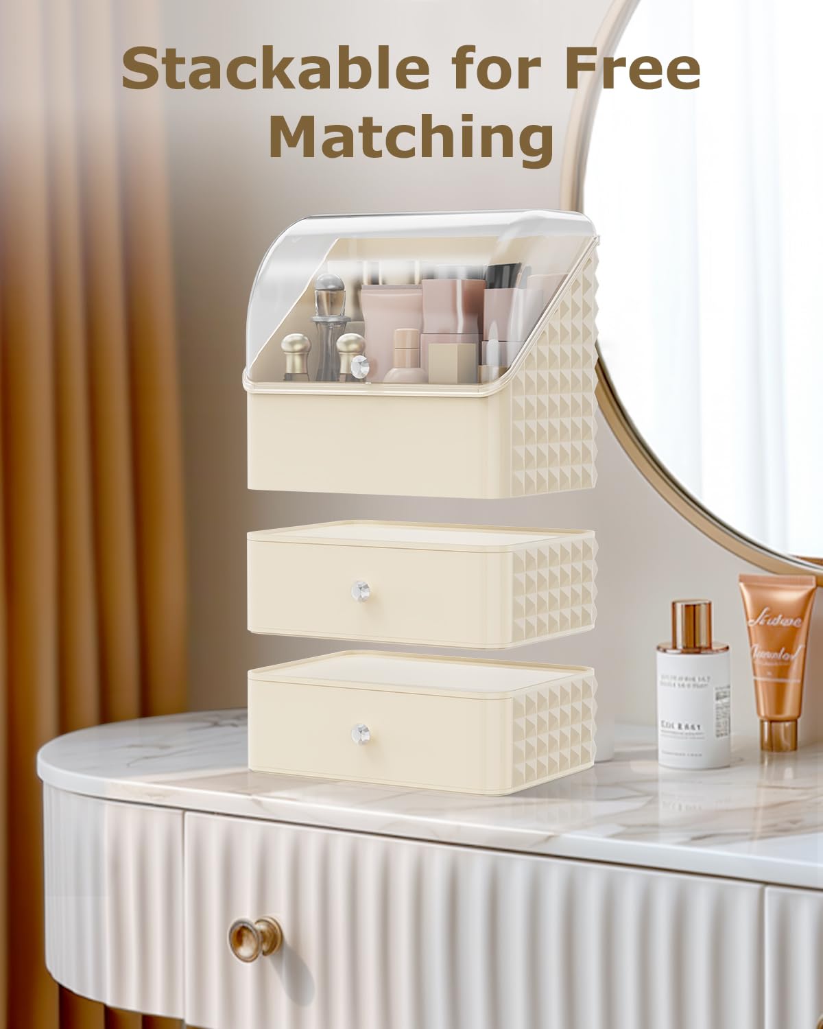 Soimeat Makeup Organizer Countertop, Stackable Cosmetics Organizer and Storage, Makeup Organizer Case with Dustproof Lid and Waterproof, Perfect for Bathroom Vanity, Cream, 3 Layers