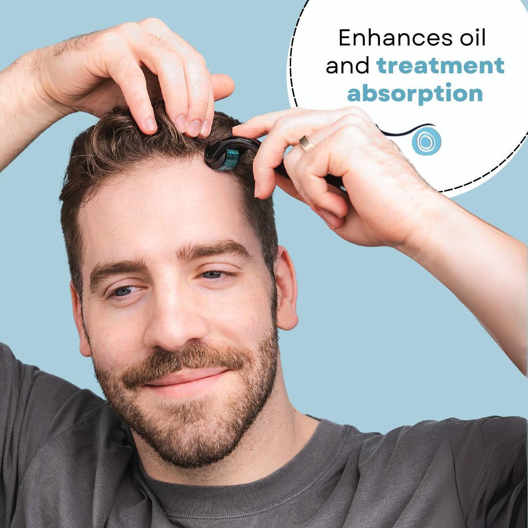 FOLLIROLL Derma Roller - 540 Microneedles for BEARD, HAIR & SKIN | Microneedling Roller for Men and Women - for Face & Scalp Derma Stamp - FREE STORAGE CASE (Blue, 0.30mm)