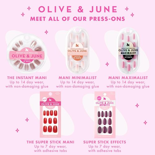Olive & June Press-On Nail Bestsellers Kit - 4 Realistic Sets in HD Crisp White, Classic French & More | Non-Damaging Glue, Up to 14-Day Wear