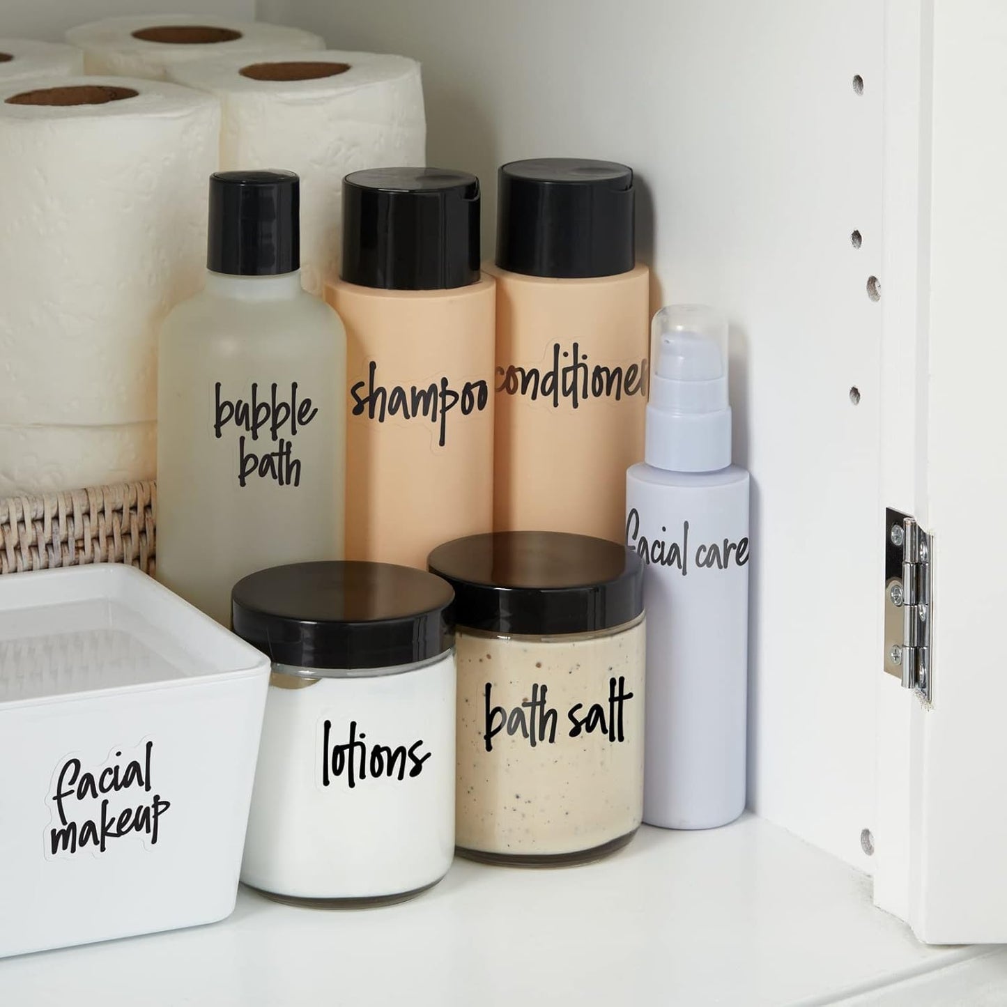 192 Waterproof Kitchen & Bathroom Labels - Transparent Vinyl Black Script Stickers for Jars & Makeup Storage