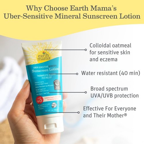 Earth Mama Uber-Sensitive Mineral Sunscreen Lotion SPF 40 - Non-Nano Zinc & Organic Colloidal Oatmeal | 3-Ounce Eczema Cream for Baby, Kid & Family