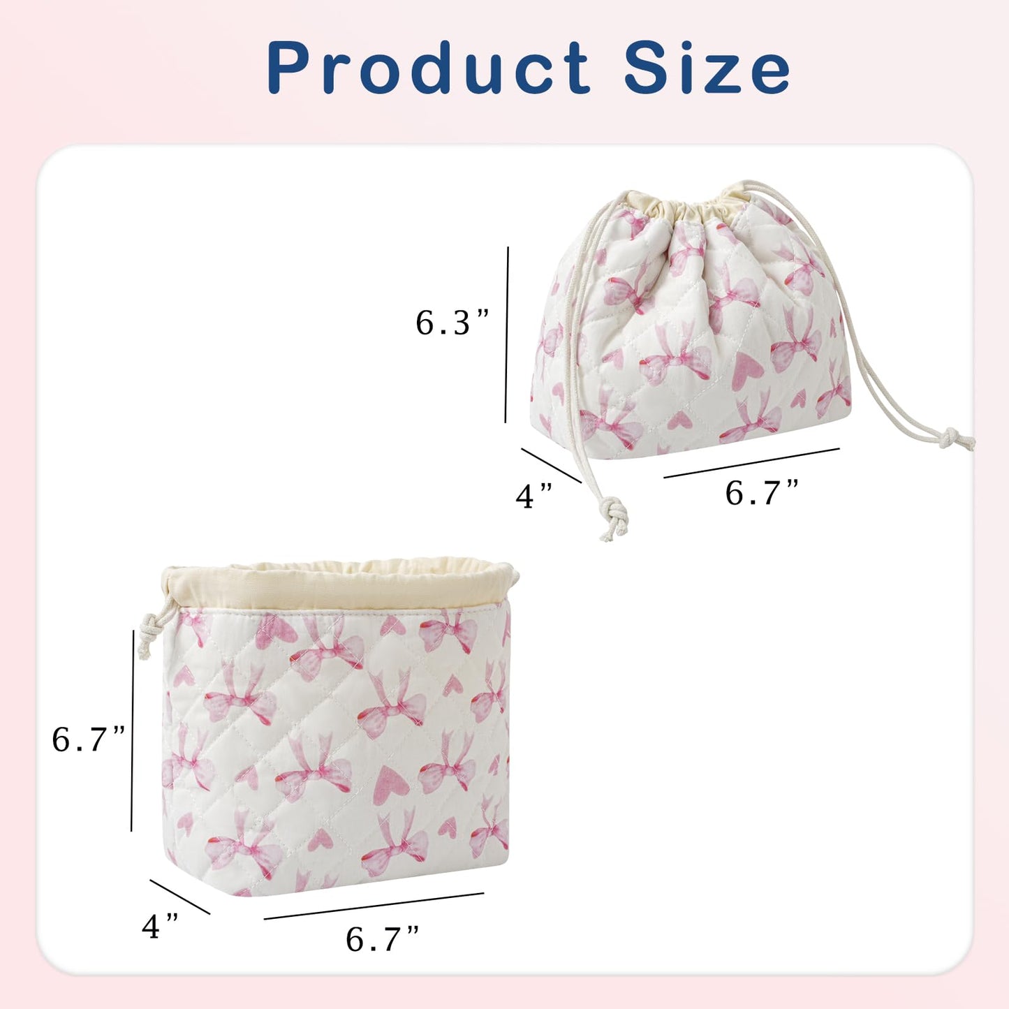 Cotton Quilted Drawstring Makeup Bag with Canvas Lining,Coquette Aesthetic Cute Travel Toiletry Bag,Drawstring Gift Bag for Women and Girls(14Heart Bow)