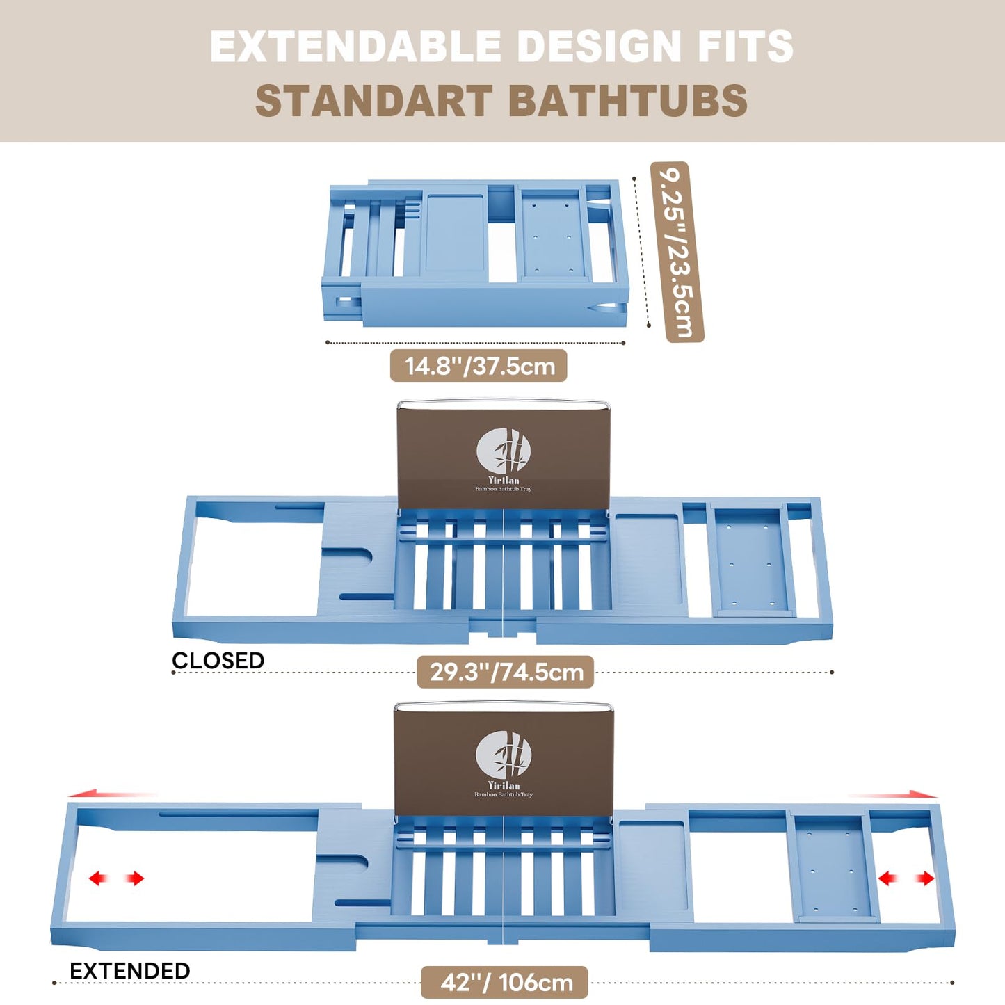 Yirilan Bamboo Bathtub Tray Caddy, 1 or 2 Person Expandable Wooden Bathroom Tray, Luxury Bamboo Bathtub Tray Expandable, Bath Tub Table Caddy with Extending, Blue