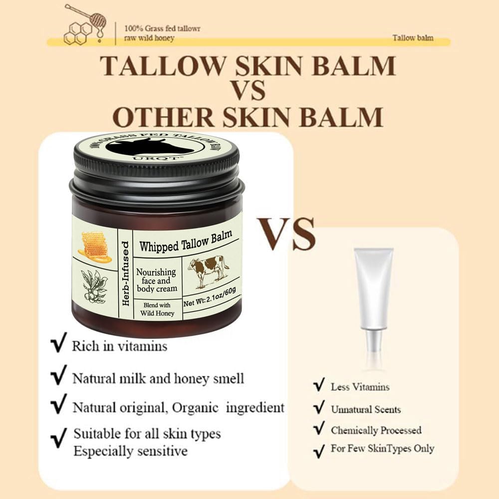 URQT Beef Tallow for Skin - Organic Grass-Fed Whipped Balm with Honey - Deeply Moisturizing Face & Body Care