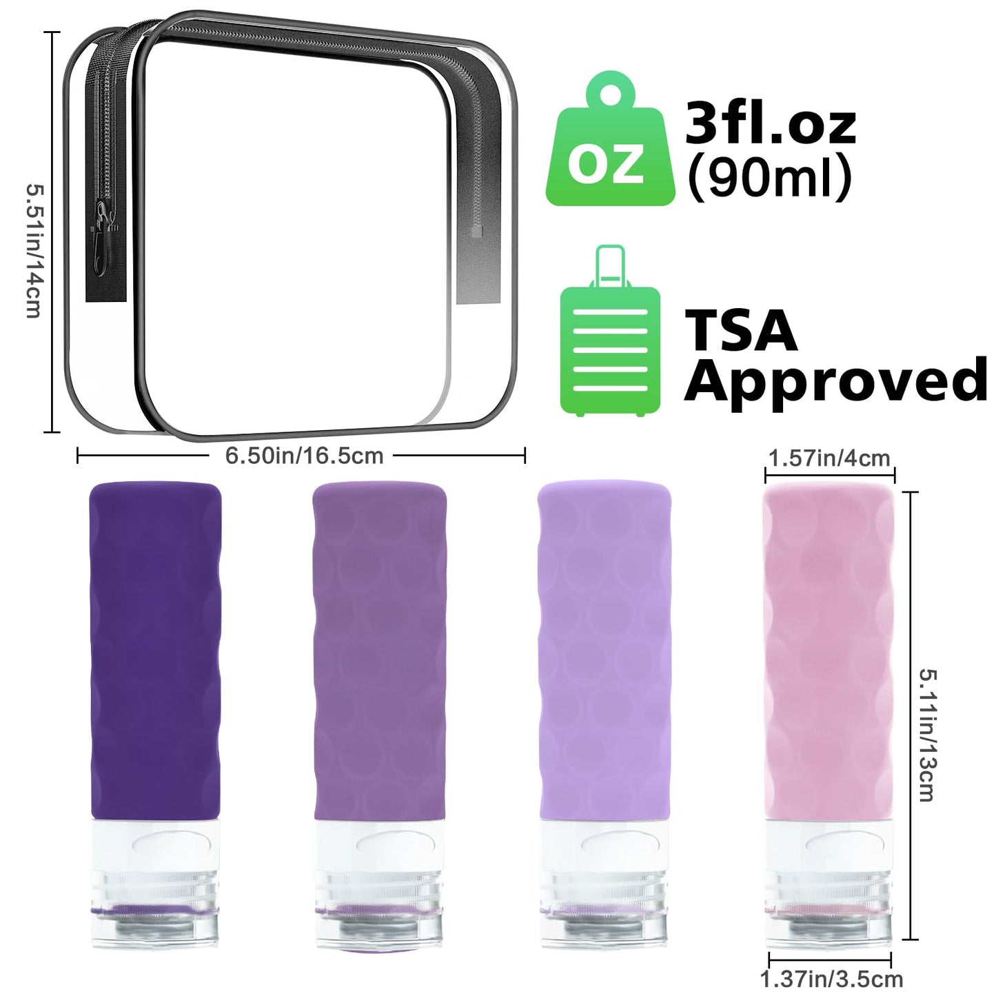 Silevoler Travel Bottles for Toiletries, 4pcs Tsa Approved 3oz Travel Size Containers, BPA Free Leak Proof Premium Silicone Bottles, Refillable Liquid Squeezable Accessories W/Toiletry Bag(Purple)