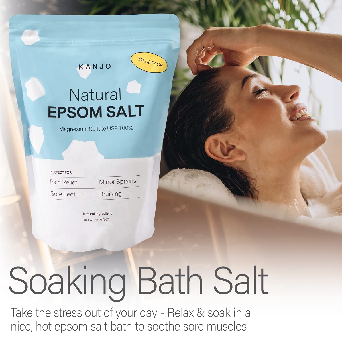 FSA HSA Eligible Kanjo Natural Epsom Salt | 100% Pure Magnesium Sulfate Bath Salt | Natural Epsom Salt Soak for Muscle Pain, Foot Pain Relief | Unscented | 32 oz Bag